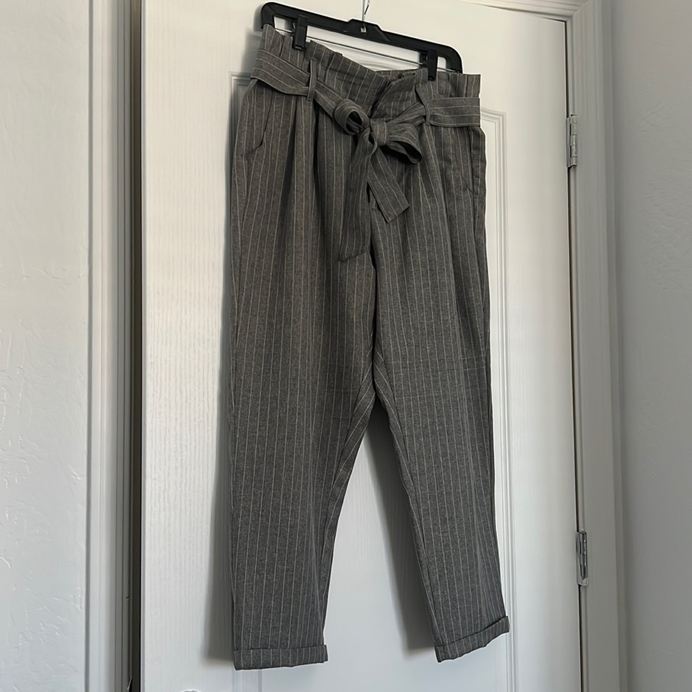 Gray, size 13, pinstriped trousers with matching belt.